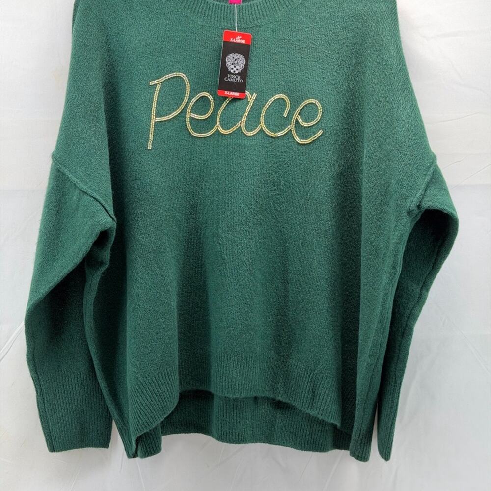 Vince Camuto XL Women’s Green 'Peace' Gold Beaded cozy Crew Neck Sweater